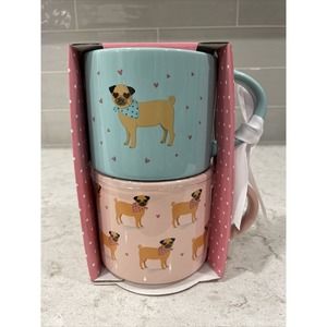 Set 2 PUG IN HEART GLASSES 16oz Mug Gift Box 2-Sided Stackable Mugs Valentine